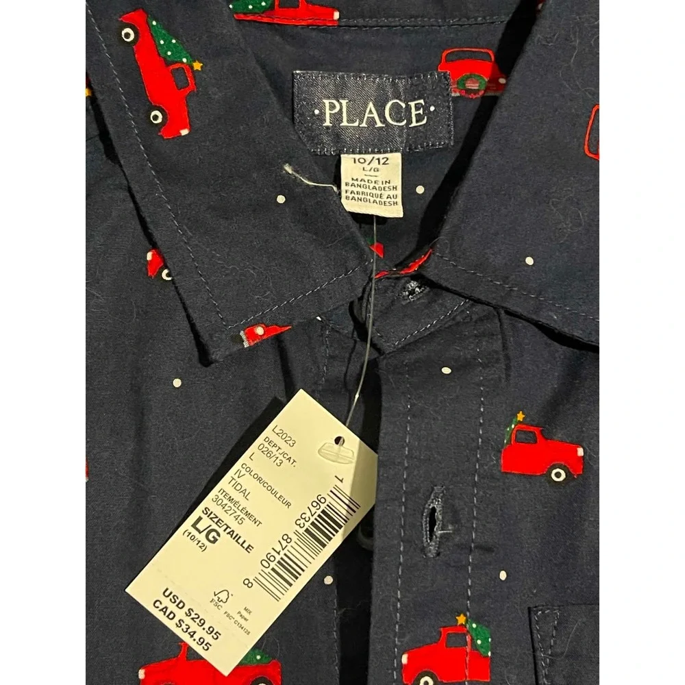 The Childrens Place Button Down Shirt‎ Kids 10/12 Navy Christmas